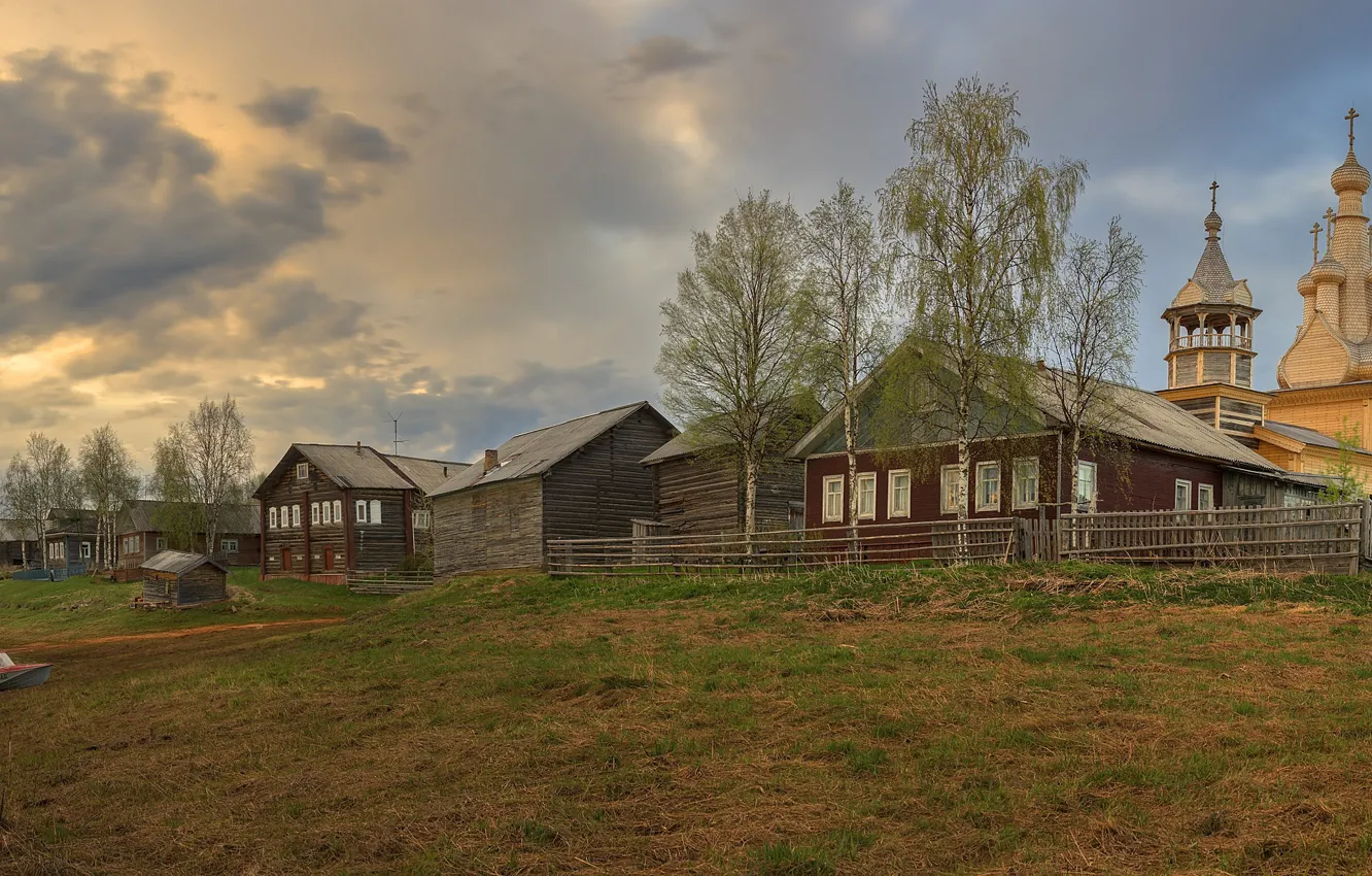 Фото обои лето, река, деревня, церковь, Архангельская область, Кимжа