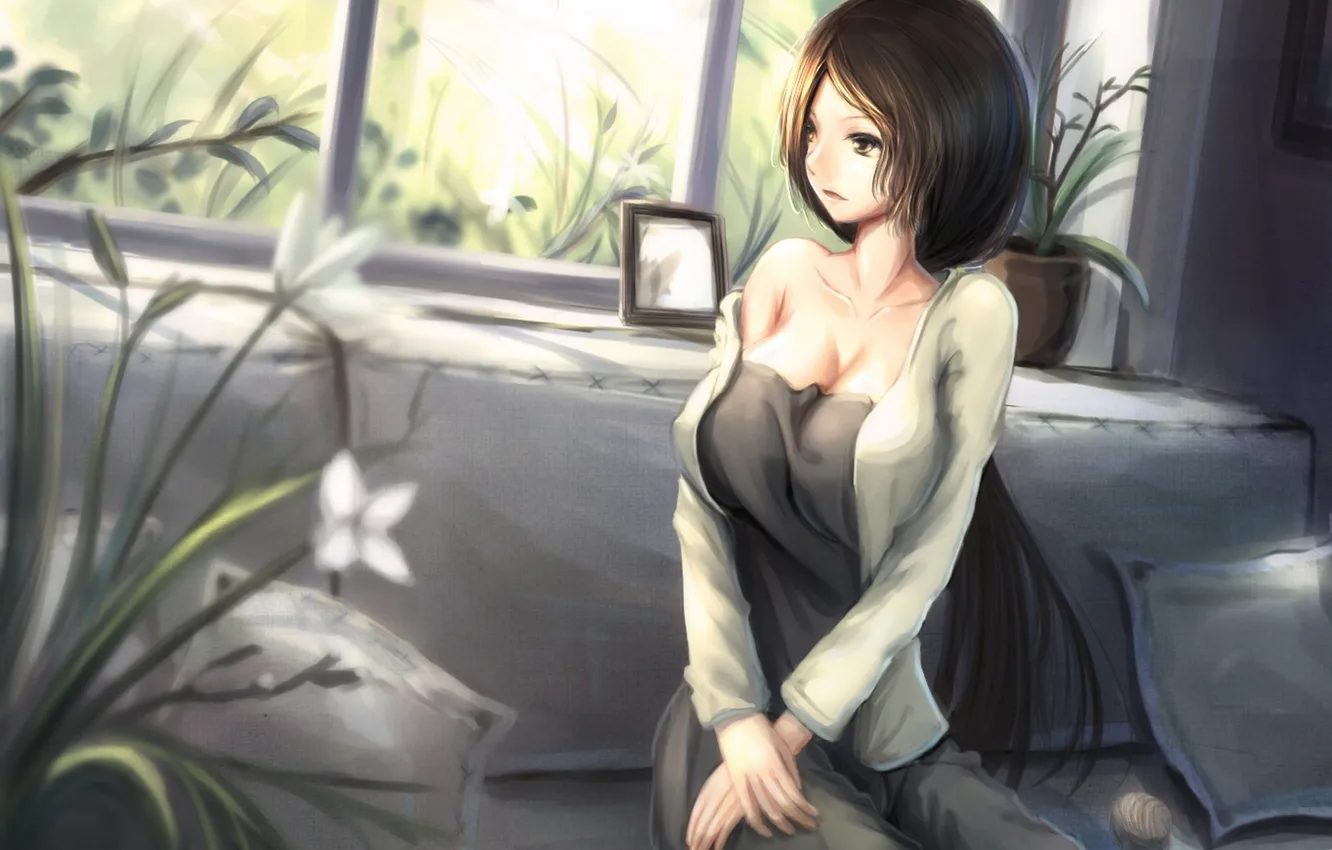 Фото обои грудь, взгляд, девушка, цветы, окно, спицы, art, пряжа