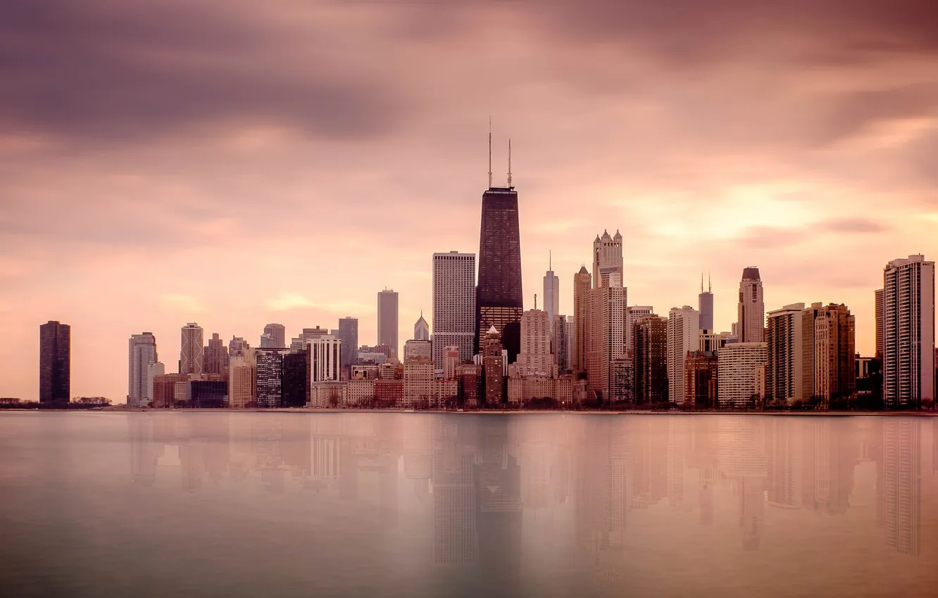 Фото обои облака, отражение, зеркало, горизонт, Чикаго, Иллинойс, озеро Мичиган