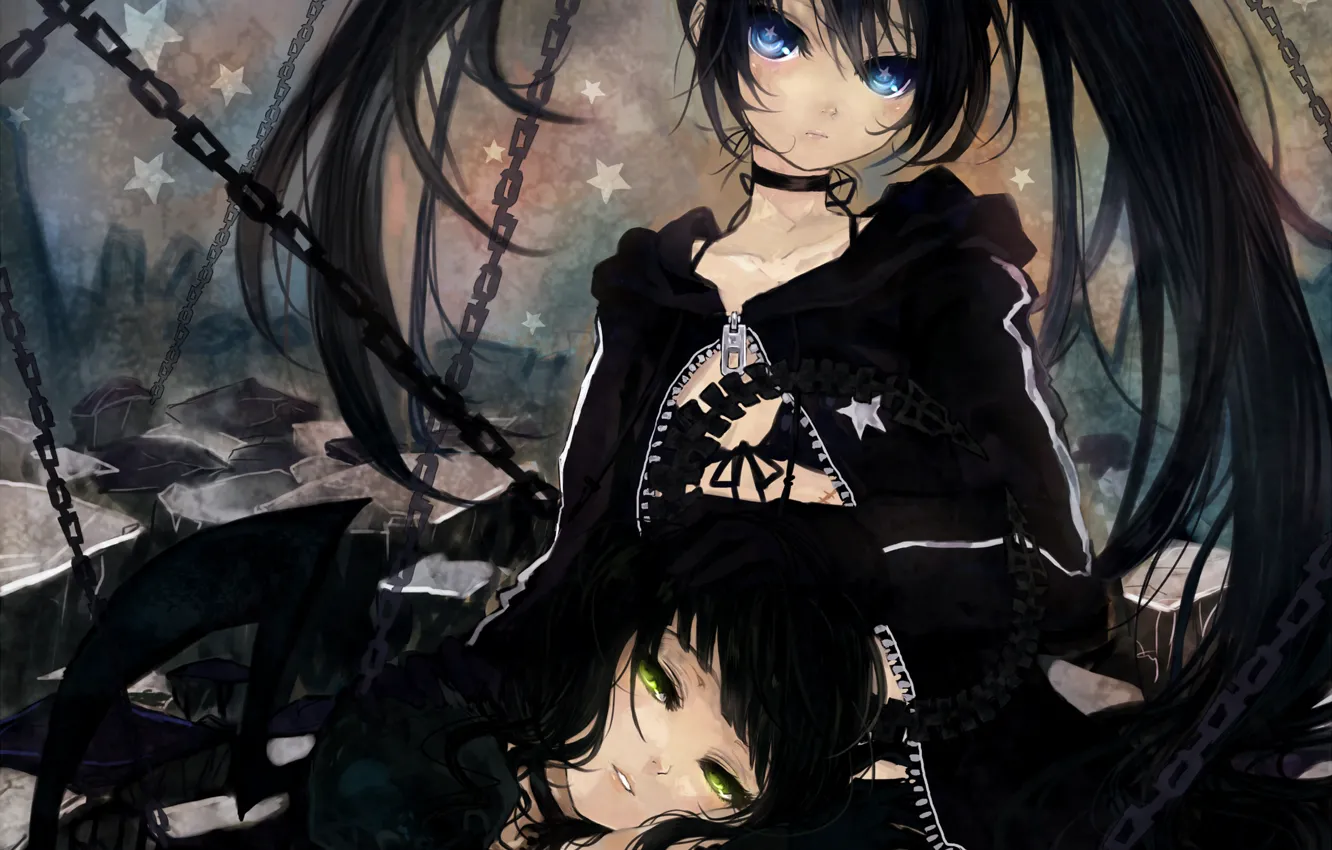 Фото обои девушки, цепи, black rock shooter, звездочки, takanashi yomi, мато, курой