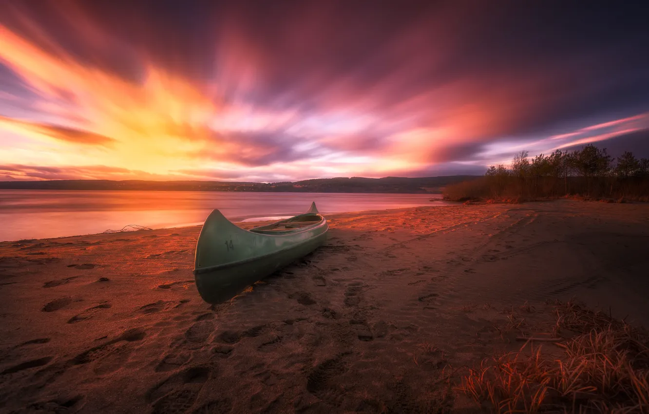 Фото обои beach, sunset, Norway, canoe