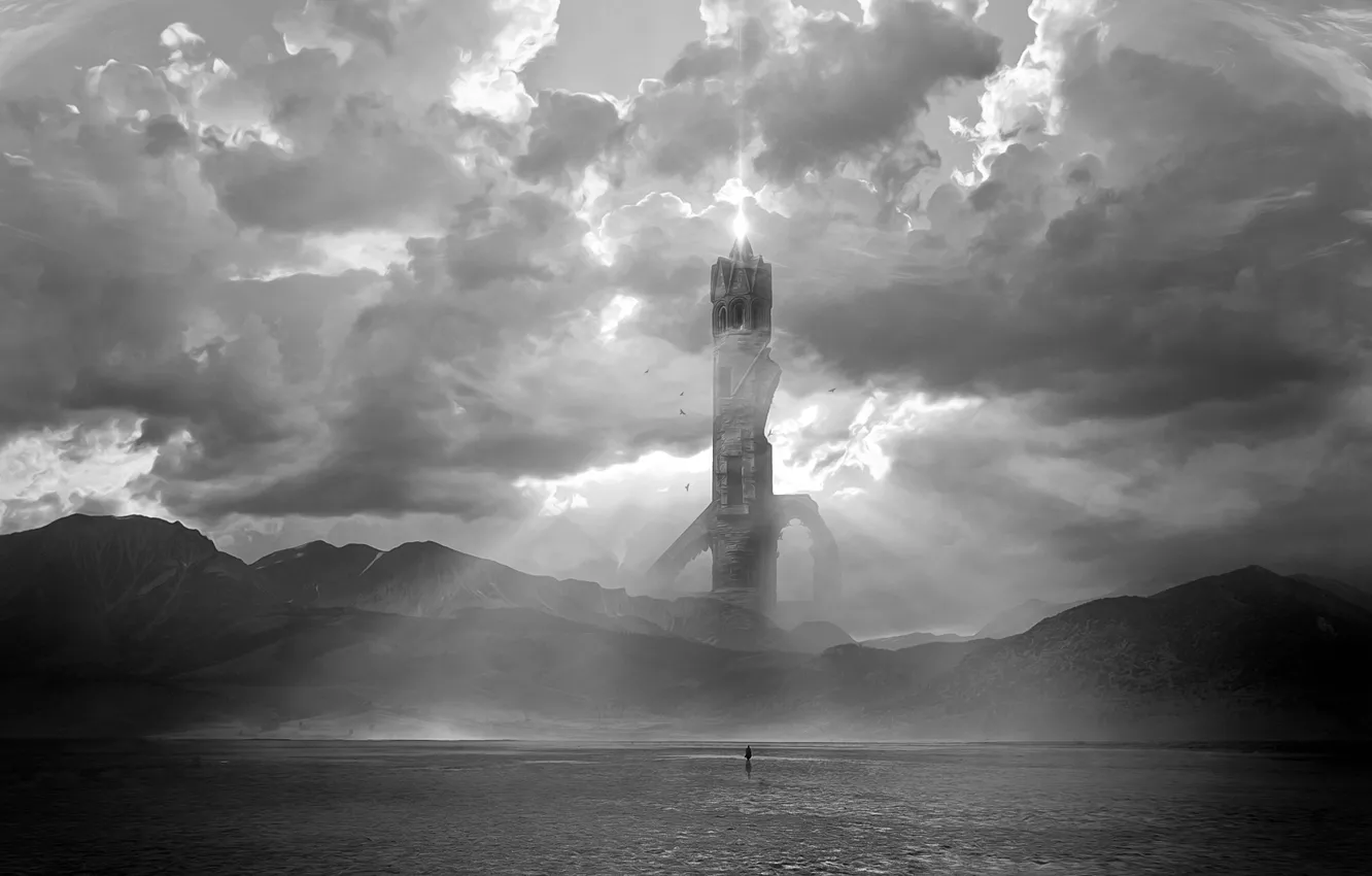 Фото обои облака, темно, башня, пустошь, Dark Tower