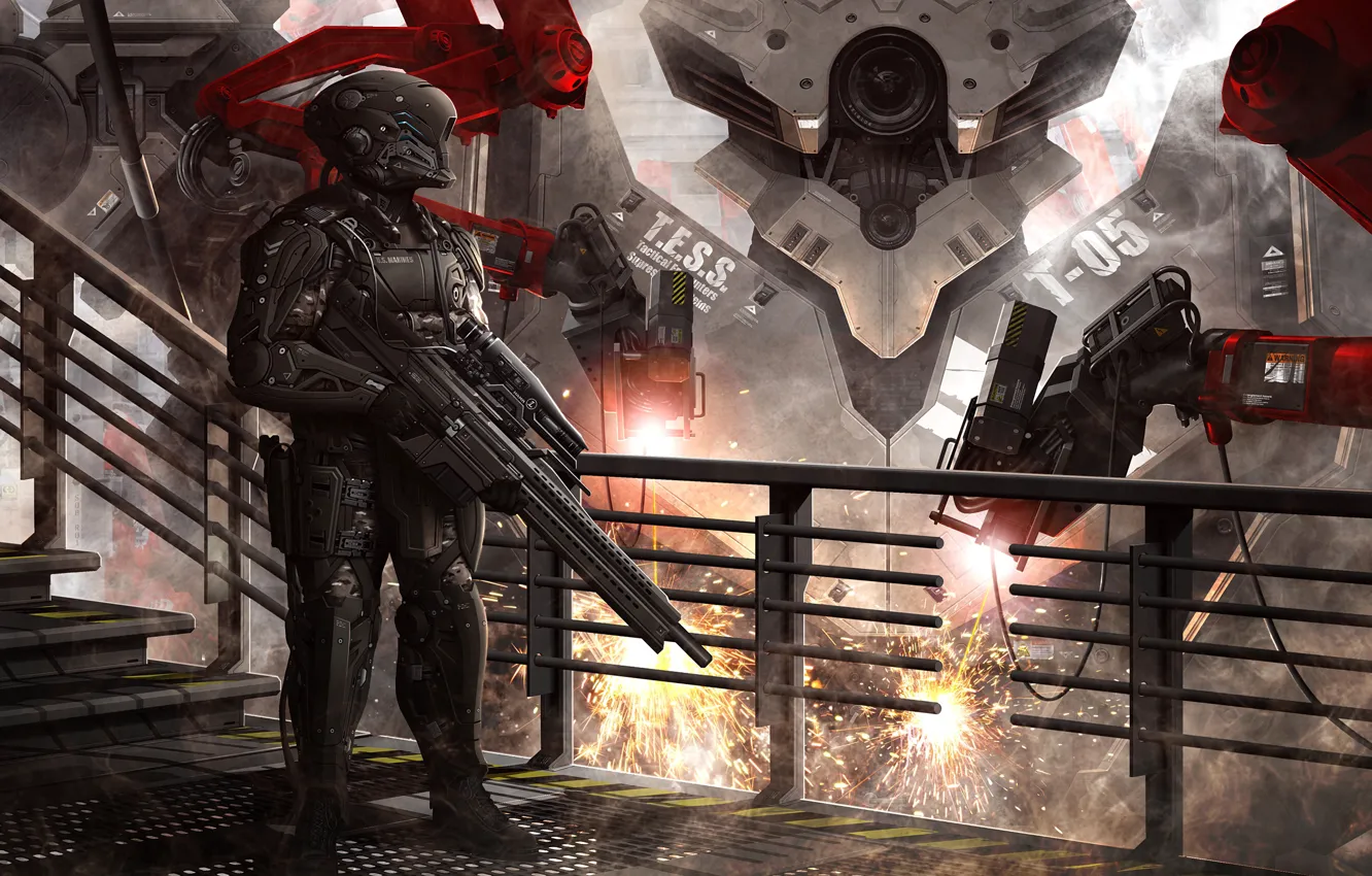 Фото обои фантастика, человек, робот, солдат, костюм, шлем, броня, sniper rifle