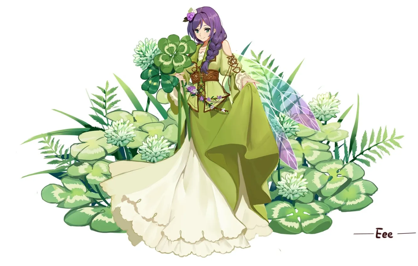 Фото обои фея, белый фон, клевер, коса, крылышки, шнуровка, фиолетовые волосы, цветок в волосах