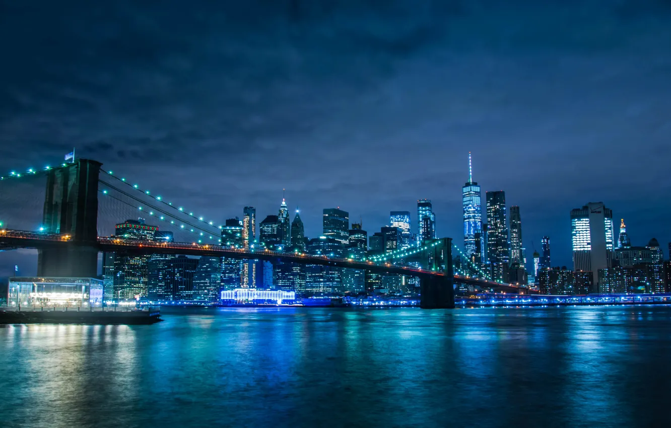 Фото обои USA, night, New York, Manhattan Bridge