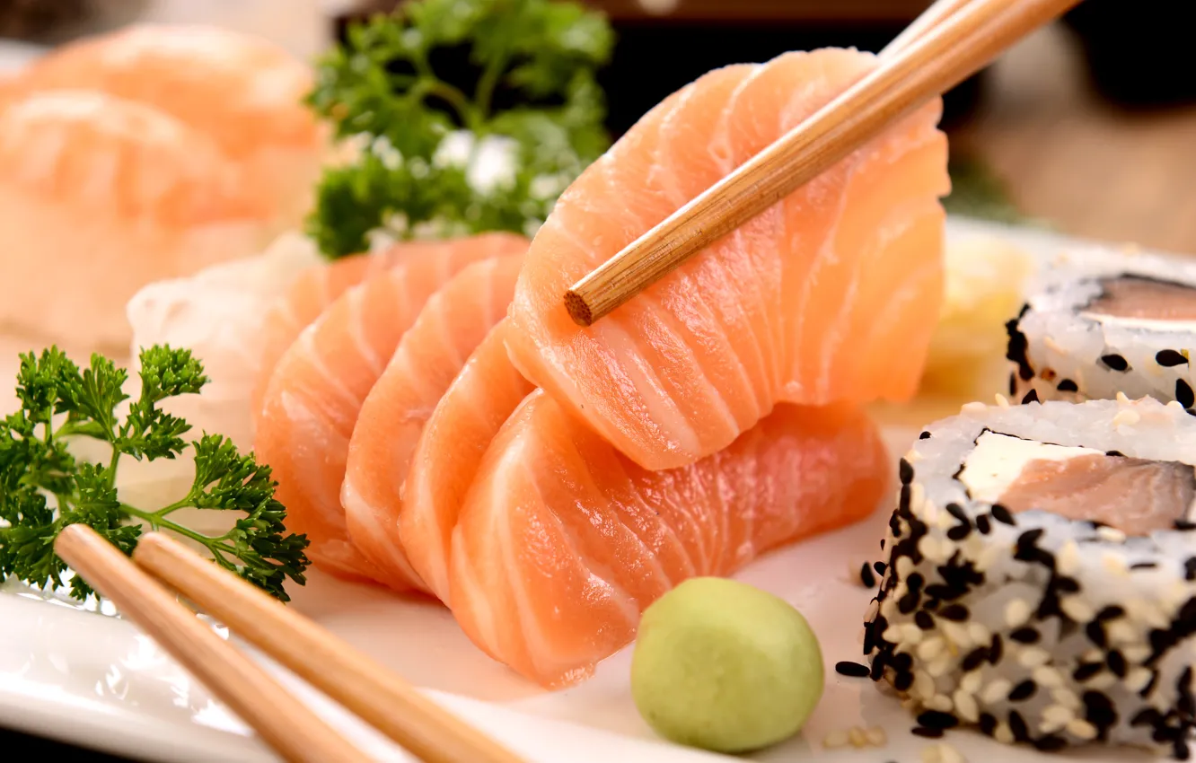 Фото обои рыба, палочки, sushi, суши, fish, японская кухня, parsley, sticks