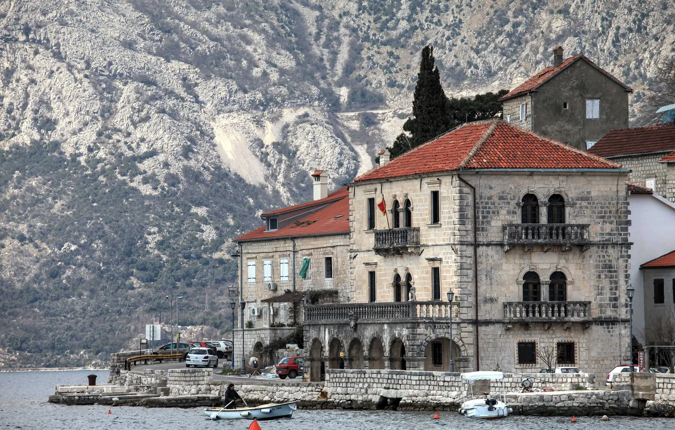 Фото обои горы, берег, дома, бухта, лодки, Хорватия, Черногория, Которский залив