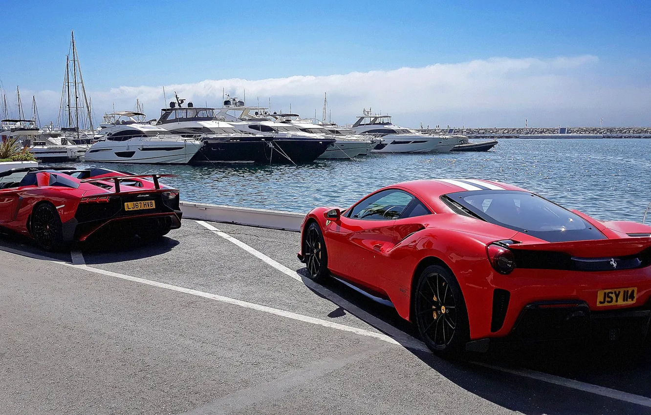 Фото обои море, яхты, Lamborghini, порт, Ferrari, набережная