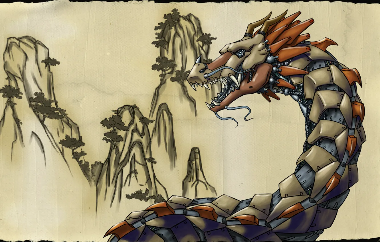 Фото обои горы, картина, бронзовый дракон