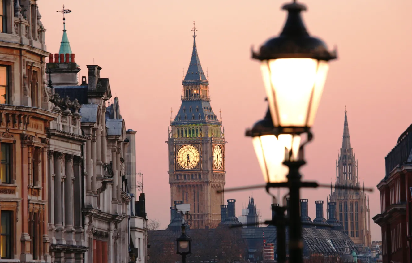 Фото обои свет, закат, город, Англия, Лондон, здания, вечер, освещение