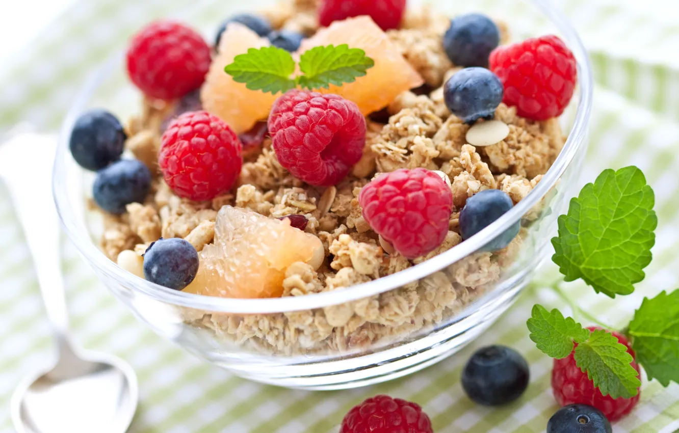 Фото обои ягоды, малина, завтрак, черника, злаки, fresh, berries, breakfast