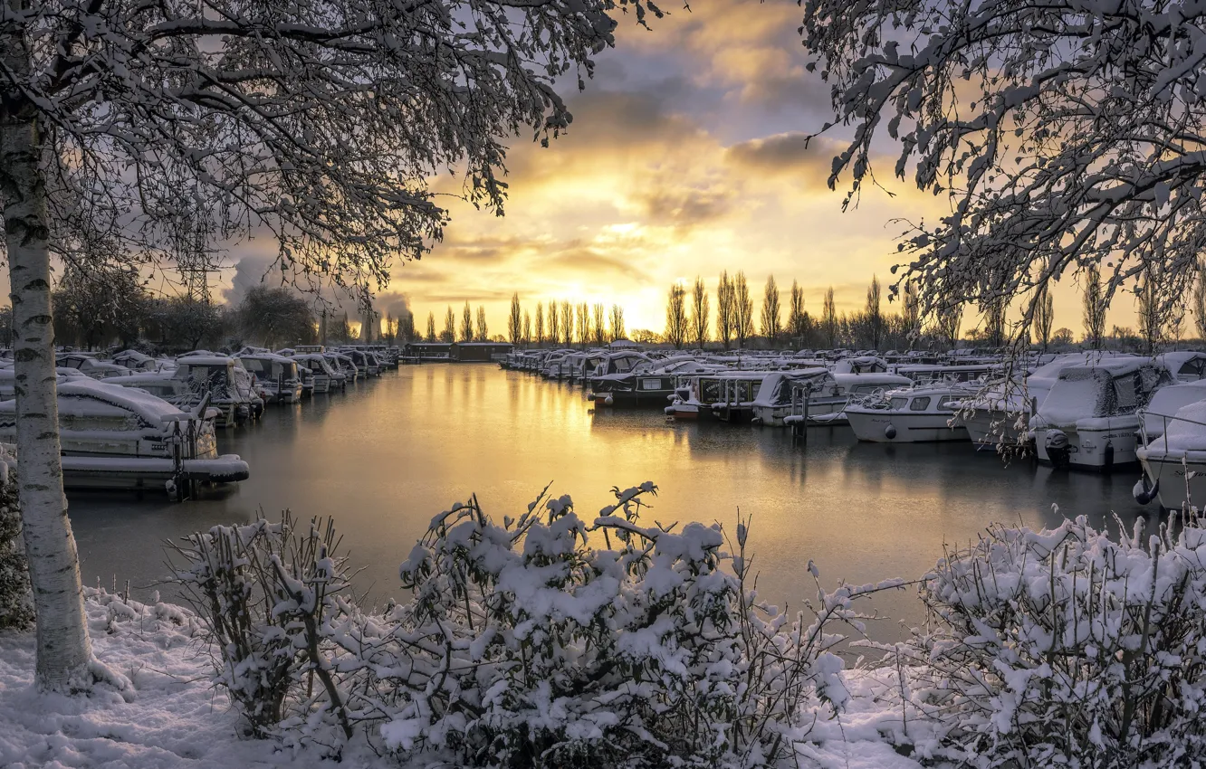 Фото обои закат, лодка, порт