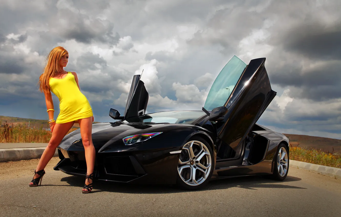 Фото обои девушка, спорткар, автомобиль, Lamborghini Aventador, желтое платье