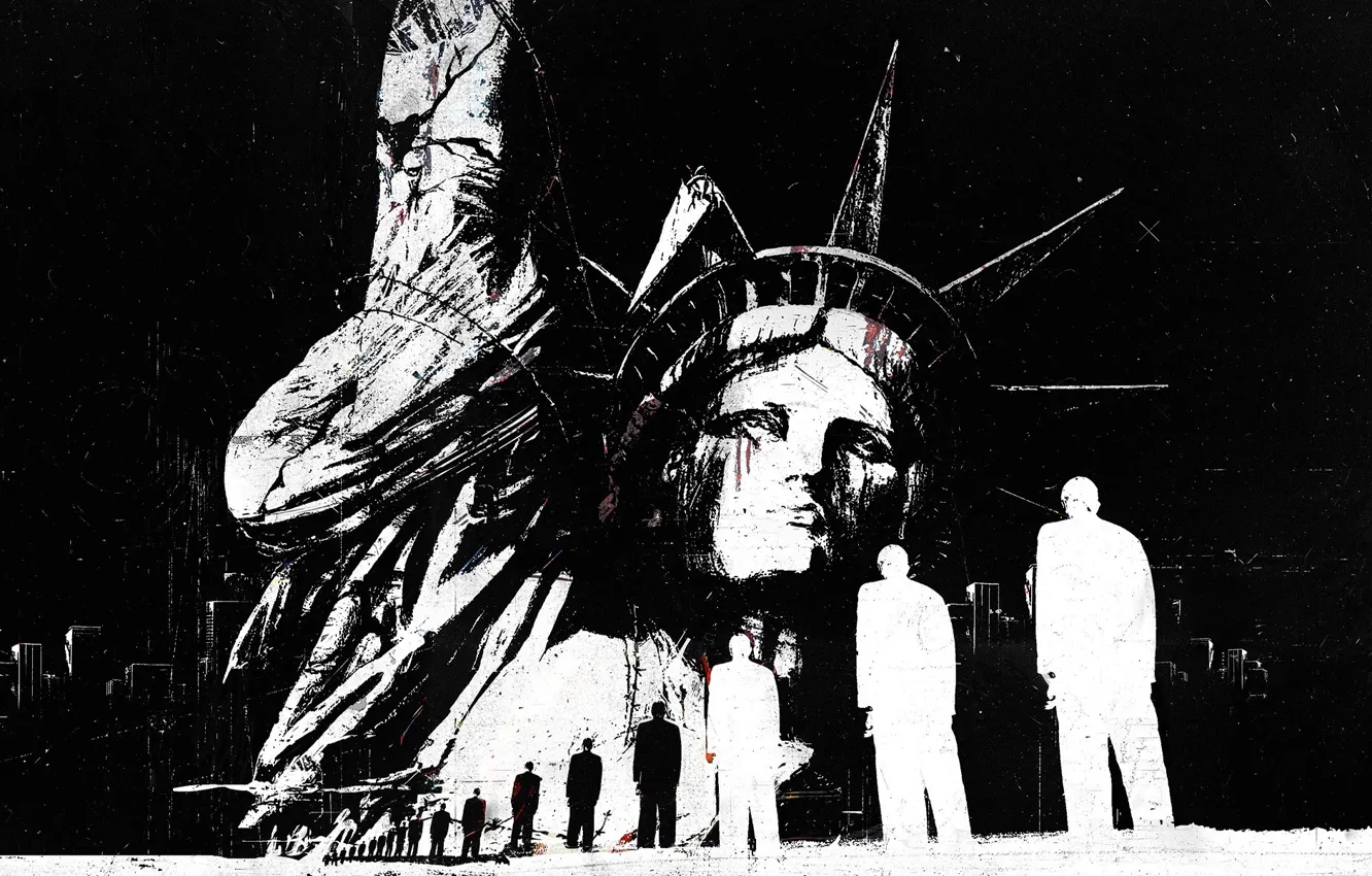 Фото обои люди, здания, abstract, черно белое, USA, Америка, гранж, statue of liberty