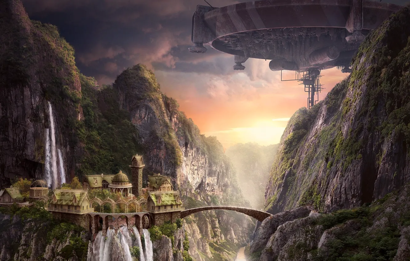 Фото обои закат, мост, замок, скалы, корабль, водопад, арт, AkimFimin