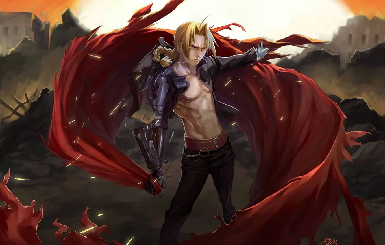 Фото обои металл, рука, арт, руины, парень, плащ, fullmetal alchemist, edward elric