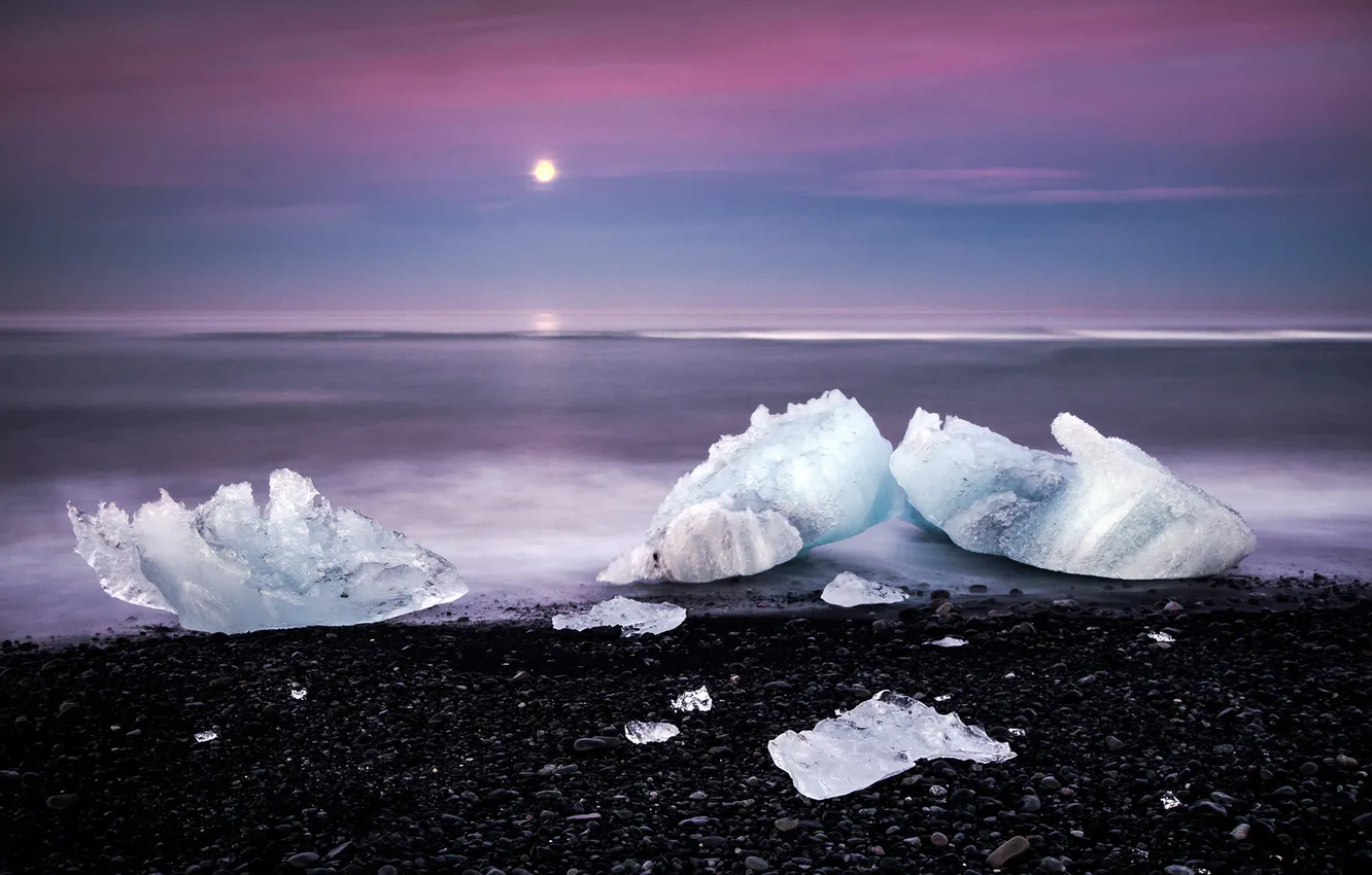 Фото обои лед, море, закат, камни, льдины, глыбы