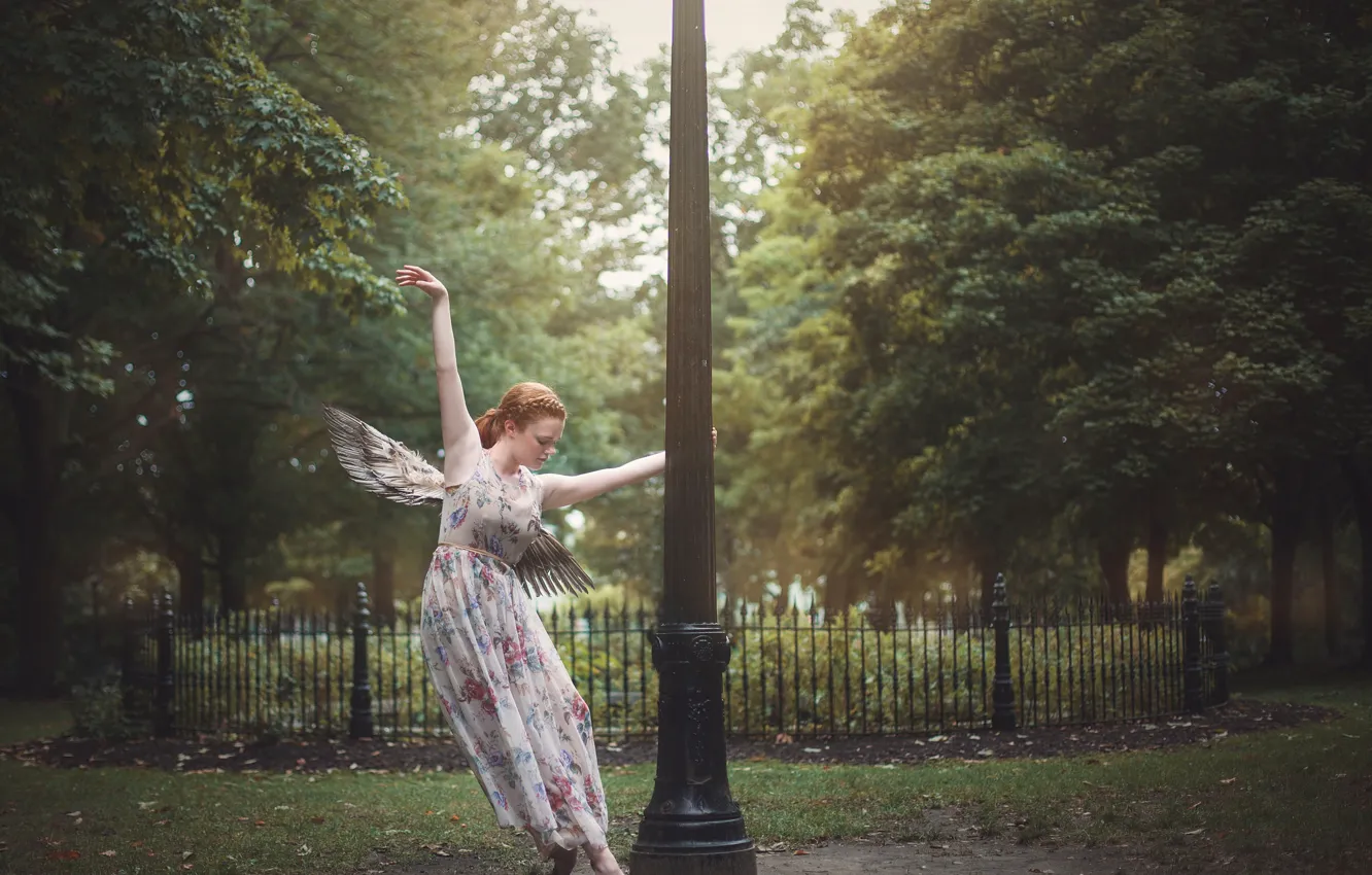 Фото обои девушка, поза, парк, настроение, крылья, столб, платье, Caroline Sheehan