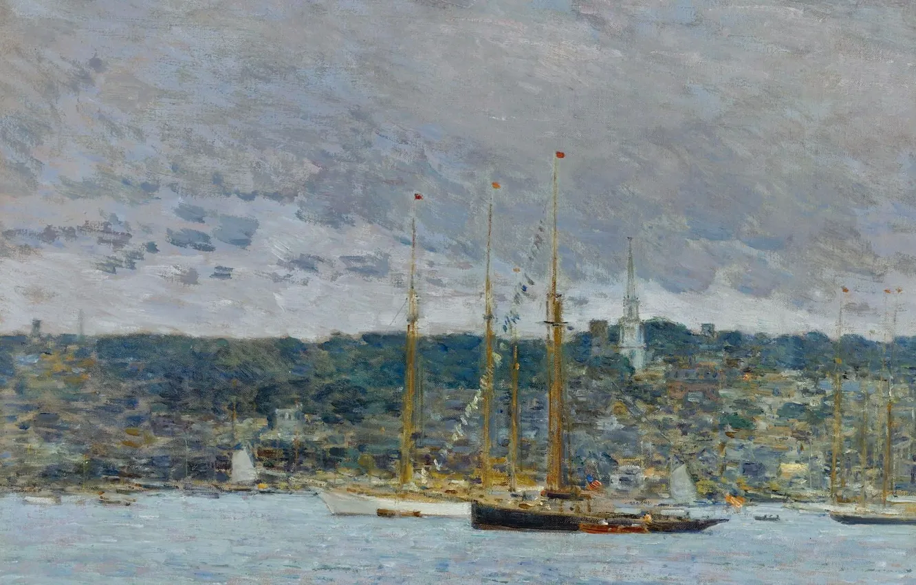 Фото обои пейзаж, корабль, картина, мачта, Ньюпорт, Frederick Childe Hassam, Чайльд Гассам