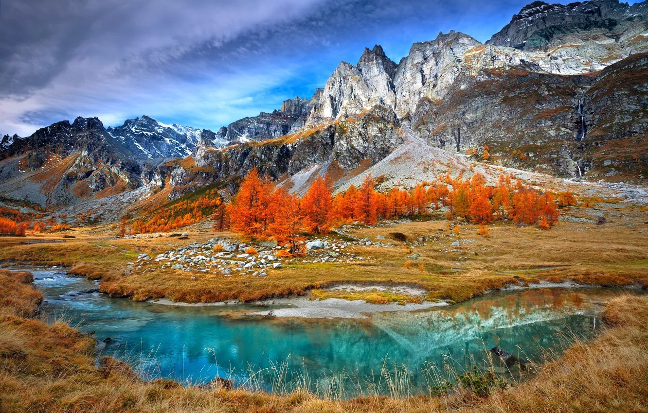 Фото обои осень, деревья, горы, озеро, склон