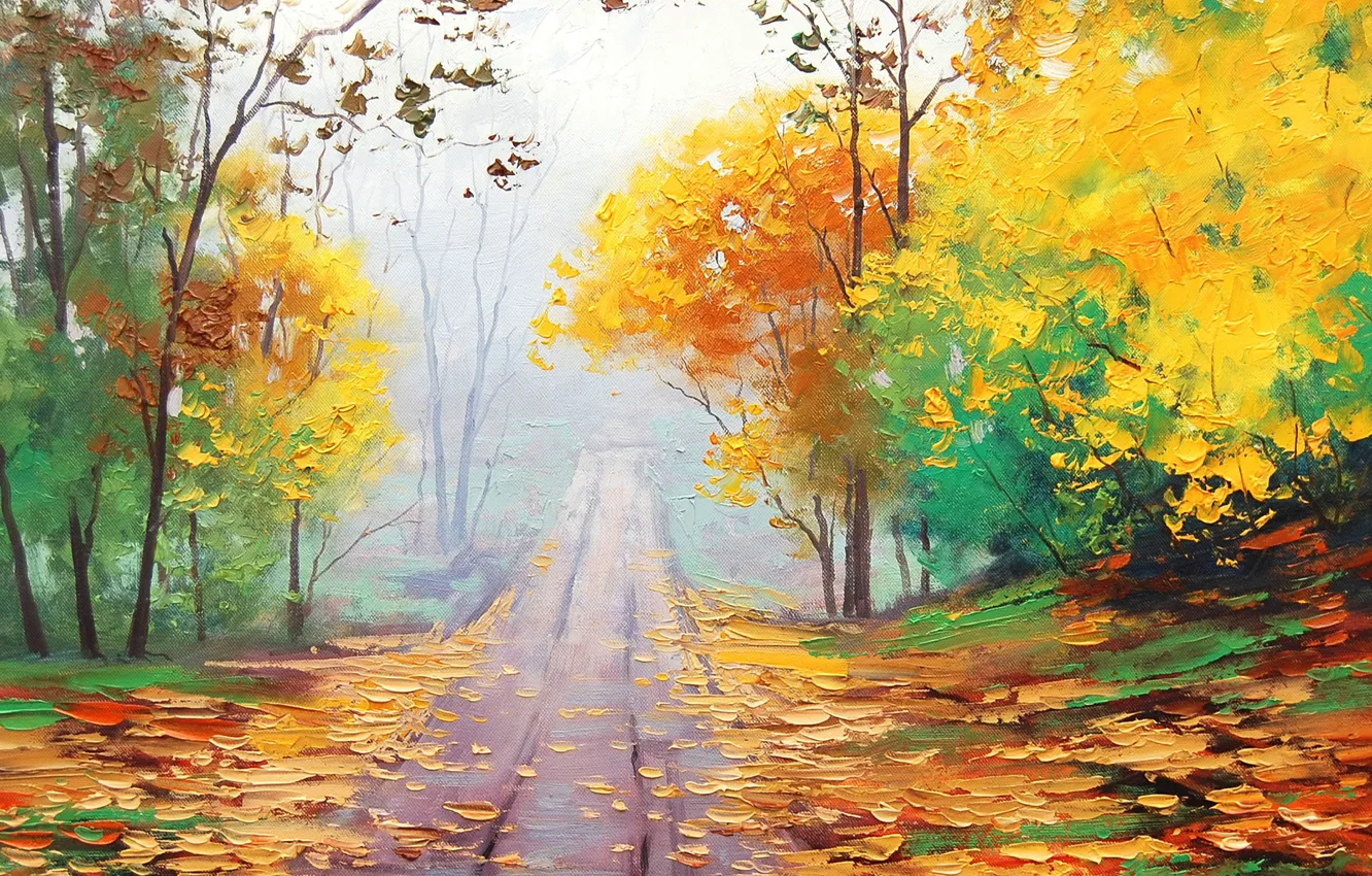Фото обои осень, листья, деревья, картина, листопад