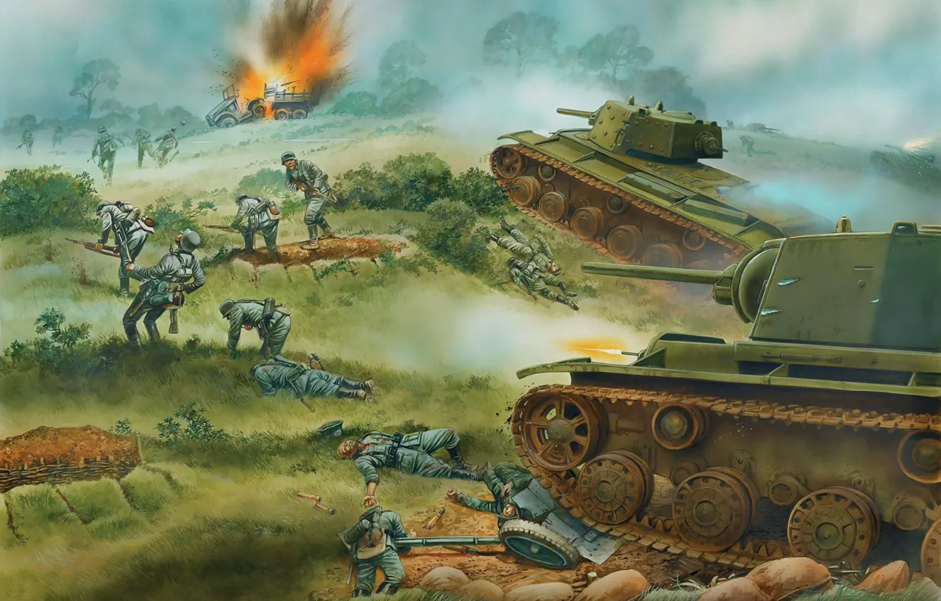 Фото обои рисунок, нападение, танки, Великая Отечественная война, КВ-1, тяжелые танки, советские