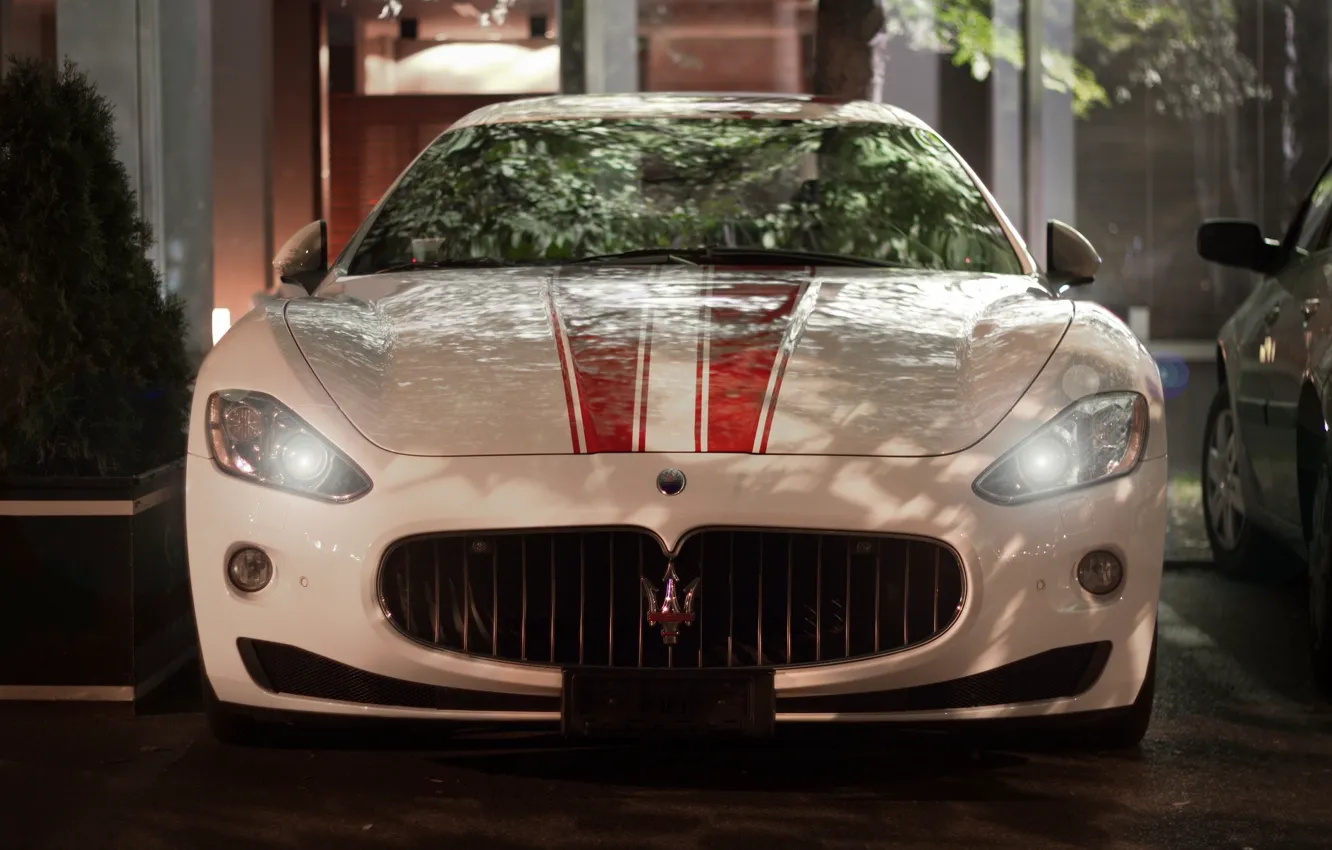 Фото обои Maserati, Авто, Ночь, Машины, Фары, GranTurismo, Передок