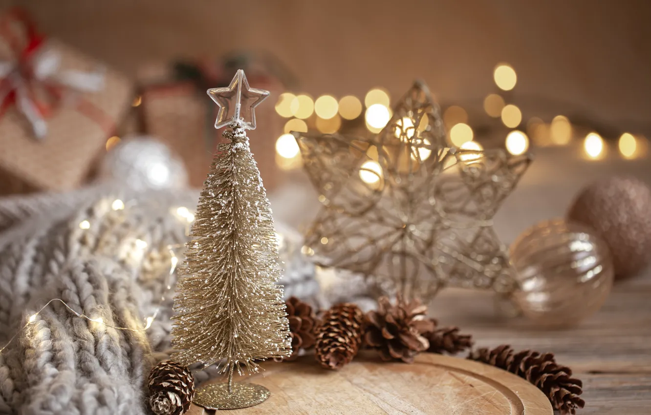 Фото обои шарики, звезда, Рождество, Новый год, ёлочка, шишки, декорация