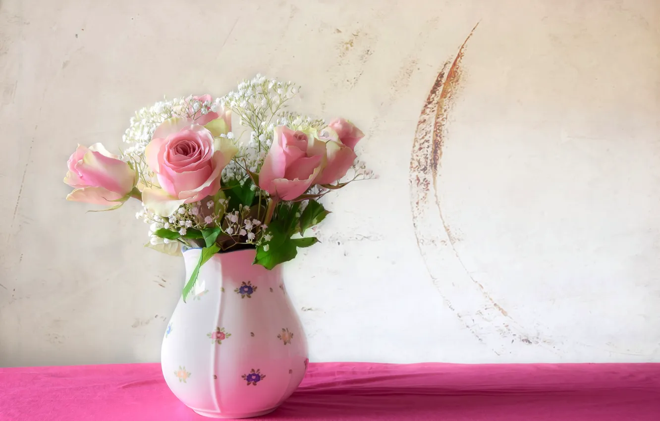Фото обои цветы, розы, букет, ваза, розовые