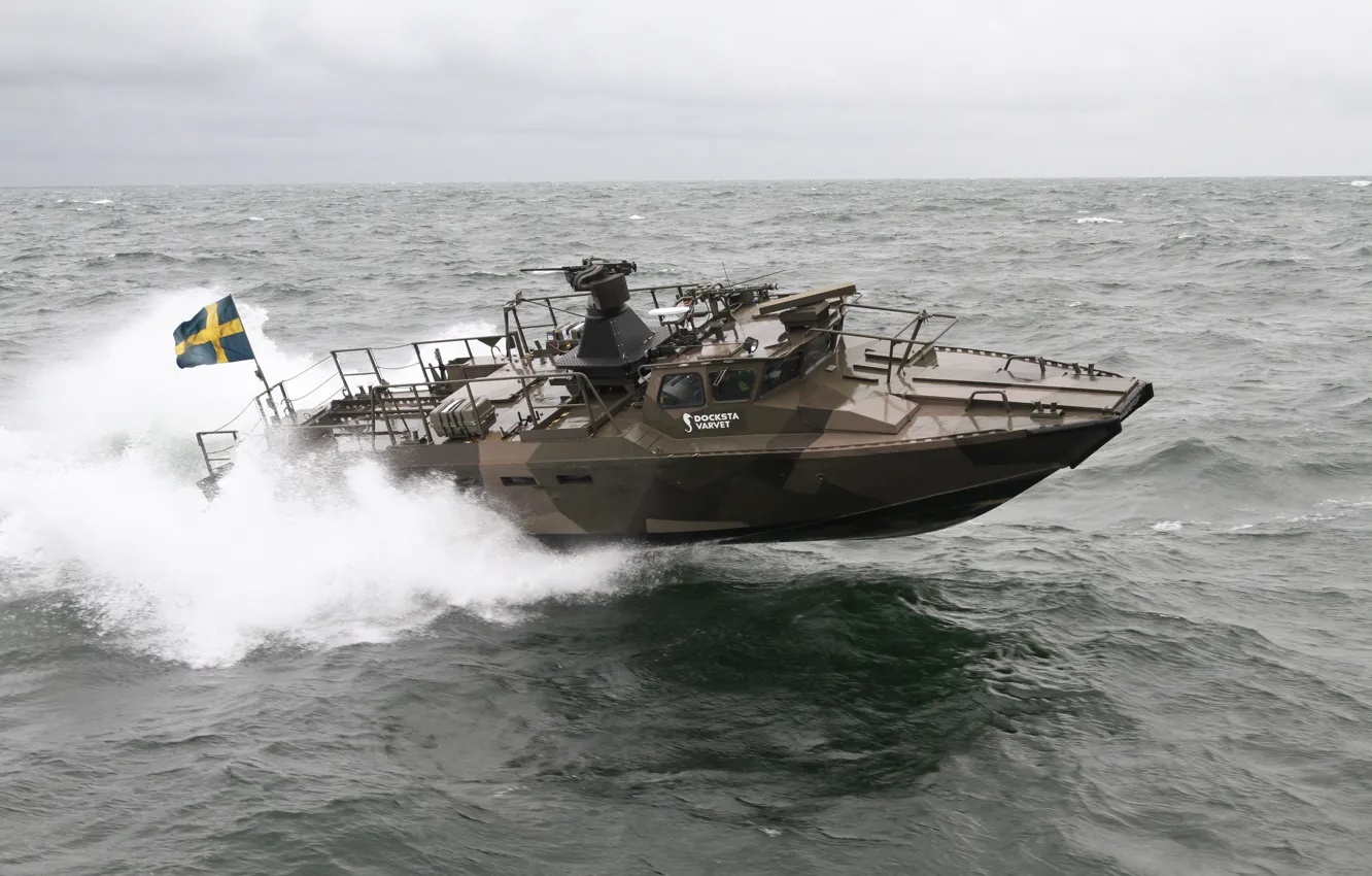 Фото обои Море, Saab, Брызги, Combat Boat, Боевой катер, Docksta CB90