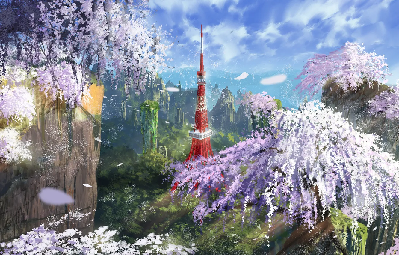Фото обои горы, сакура, цветение, токийская башня