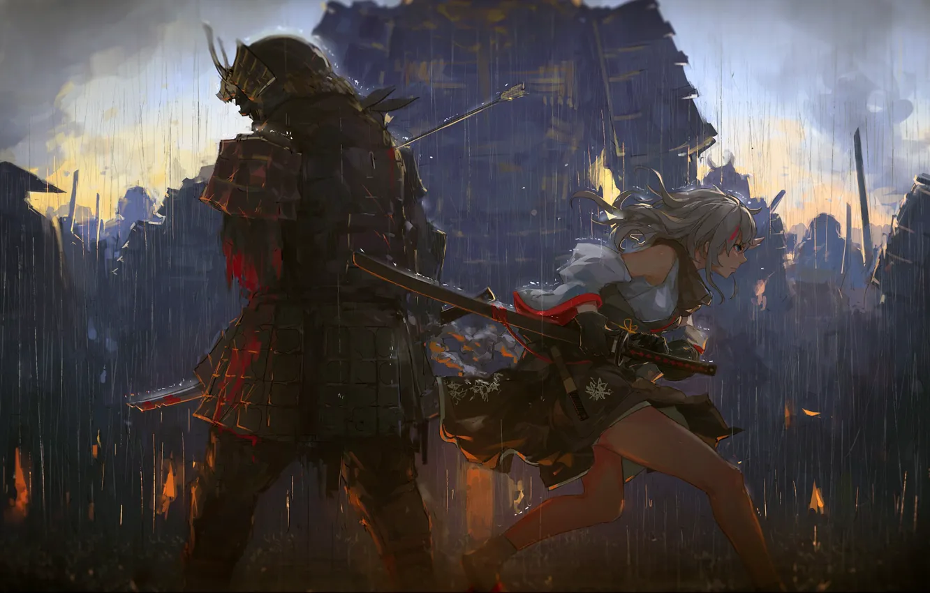 Фото обои girl, blood, fantasy, rain, armor, katana, weapons, digital art
