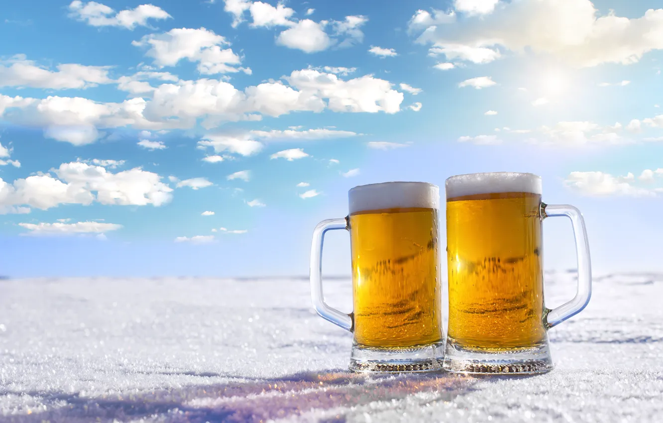 Фото обои зима, небо, пена, солнце, облака, снег, пейзаж, пиво