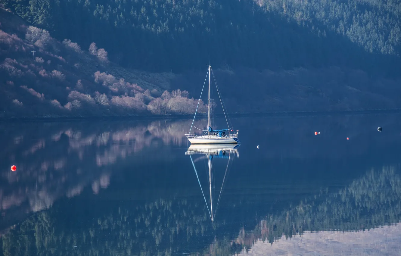 Фото обои озеро, отражение, яхта, Шотландия