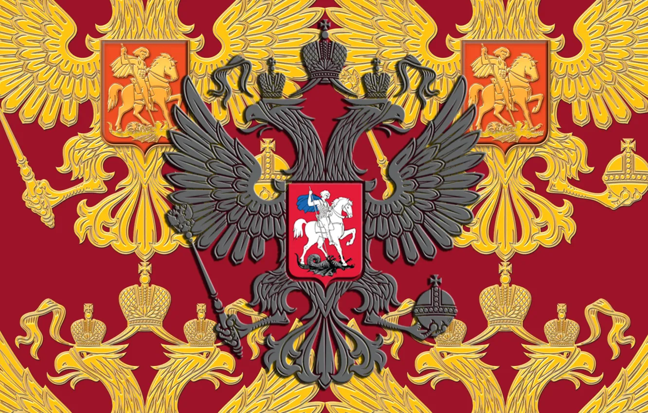 Фото обои Герб, Россия, Двуглавый орёл, Святой Георгий Победоносец, Российская федерация