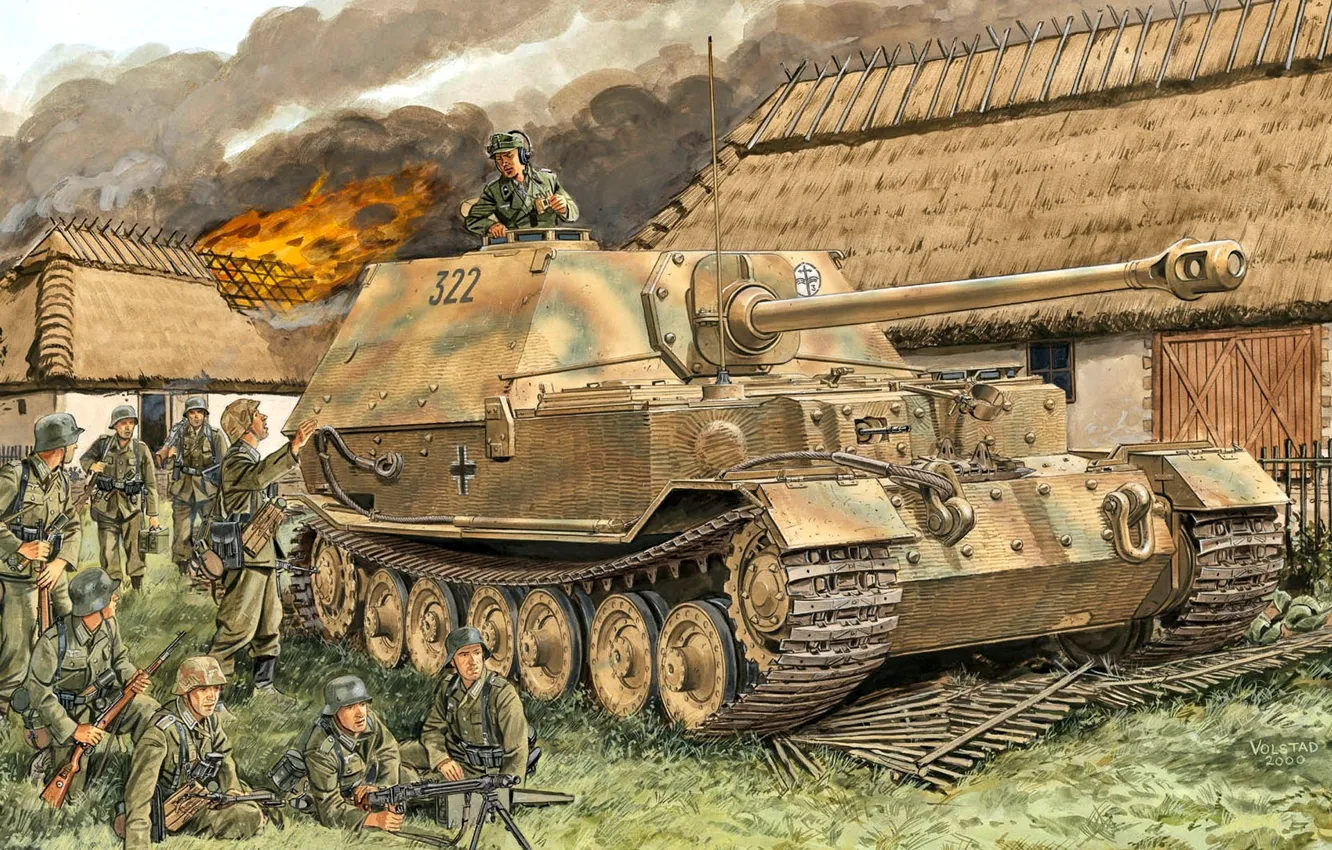 Фото обои MG-42, Elefant, Вермахт, 653 Schwerer Panzerjager Abteilung, Изгородь, Горящая изба, cолдаты