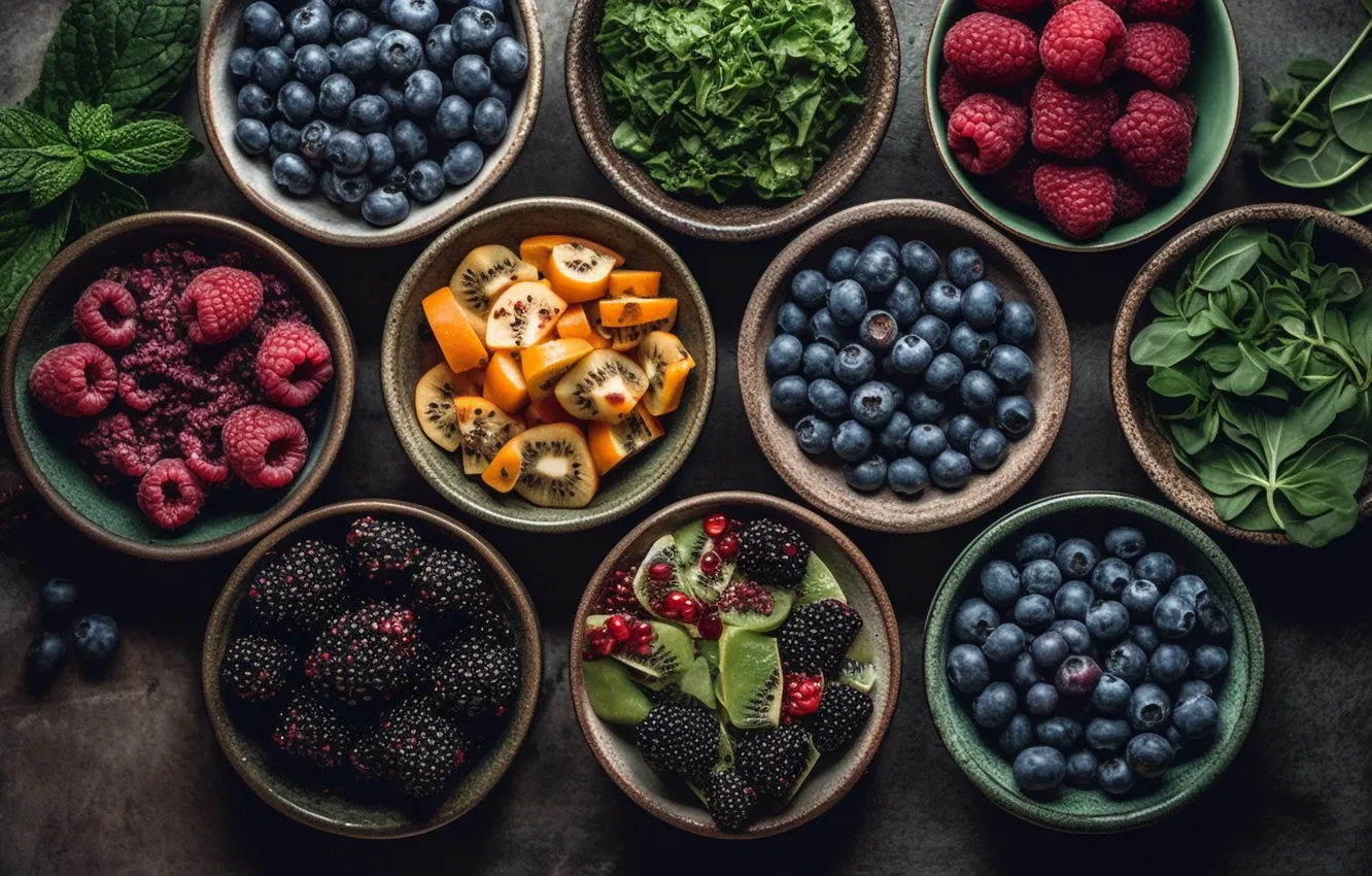 Фото обои зелень, листья, ягоды, малина, стол, еда, киви, черника