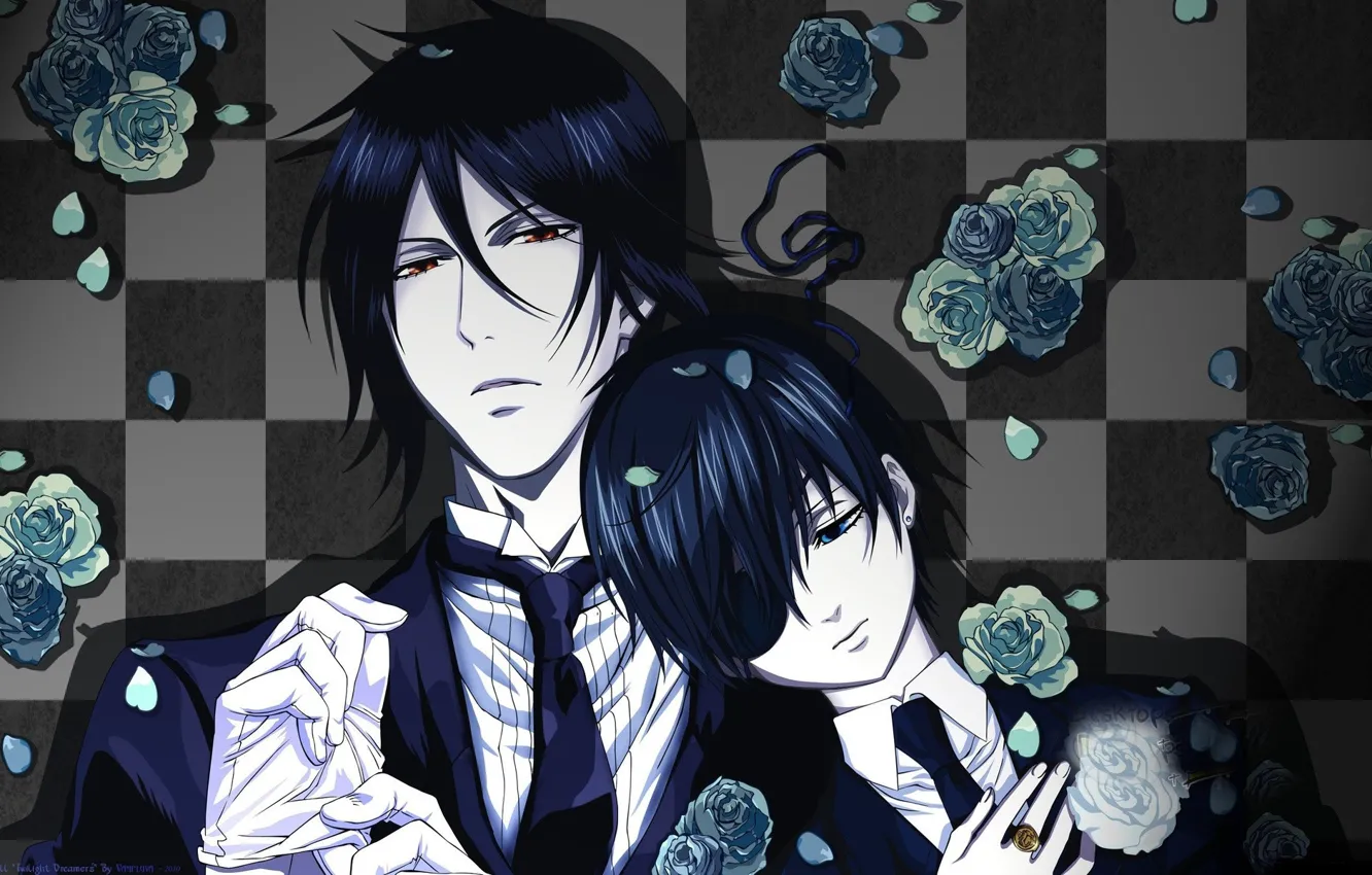 Фото обои розы, Сиэль, Тёмный дворецкий, Kuroshitsuji, Себастьян