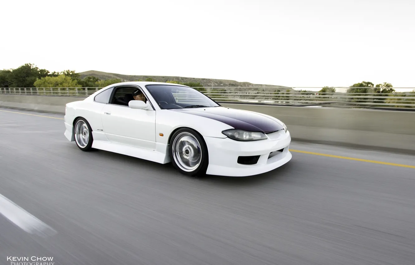 Фото обои nissan, white, drift, tuning, silvia, s15