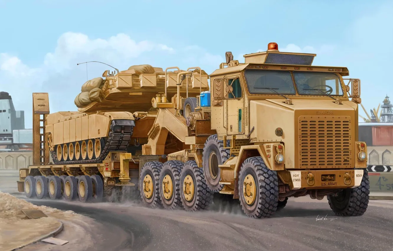 Фото обои рисунок, Vincent Wai, Heavy Equipment Transport, 8x8, OSHKOSH M1070 HET, седельный тягач