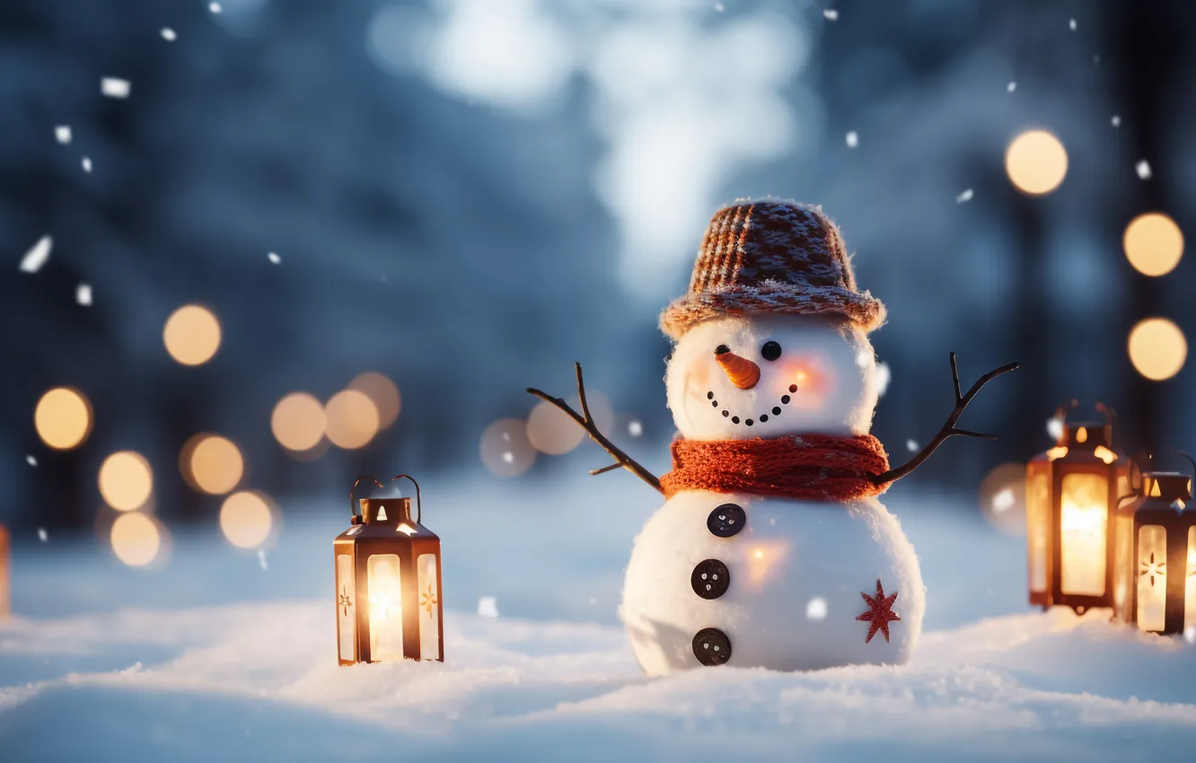 Фото обои зима, снег, Рождество, Новый год, снеговик, Christmas, winter, snow