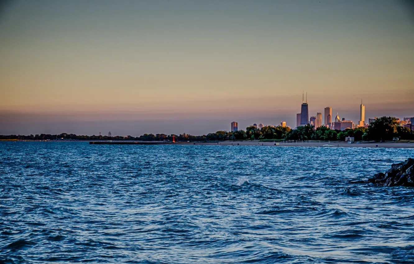 Фото обои волны, город, река, небоскребы, Чикаго, панорама, Иллиноис
