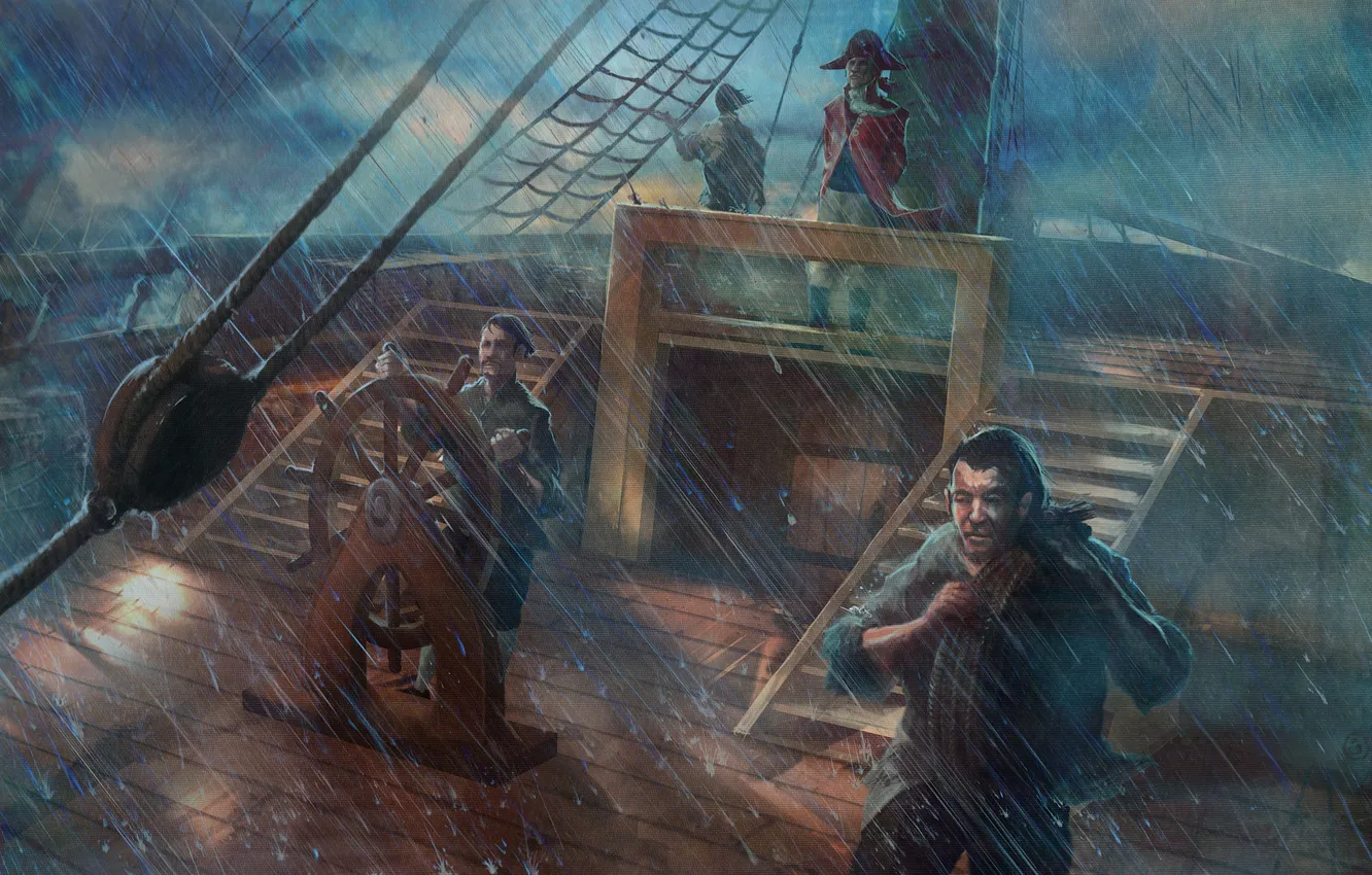 Фото обои шторм, дождь, корабль, Commander, матросы, Conquest of the Americas