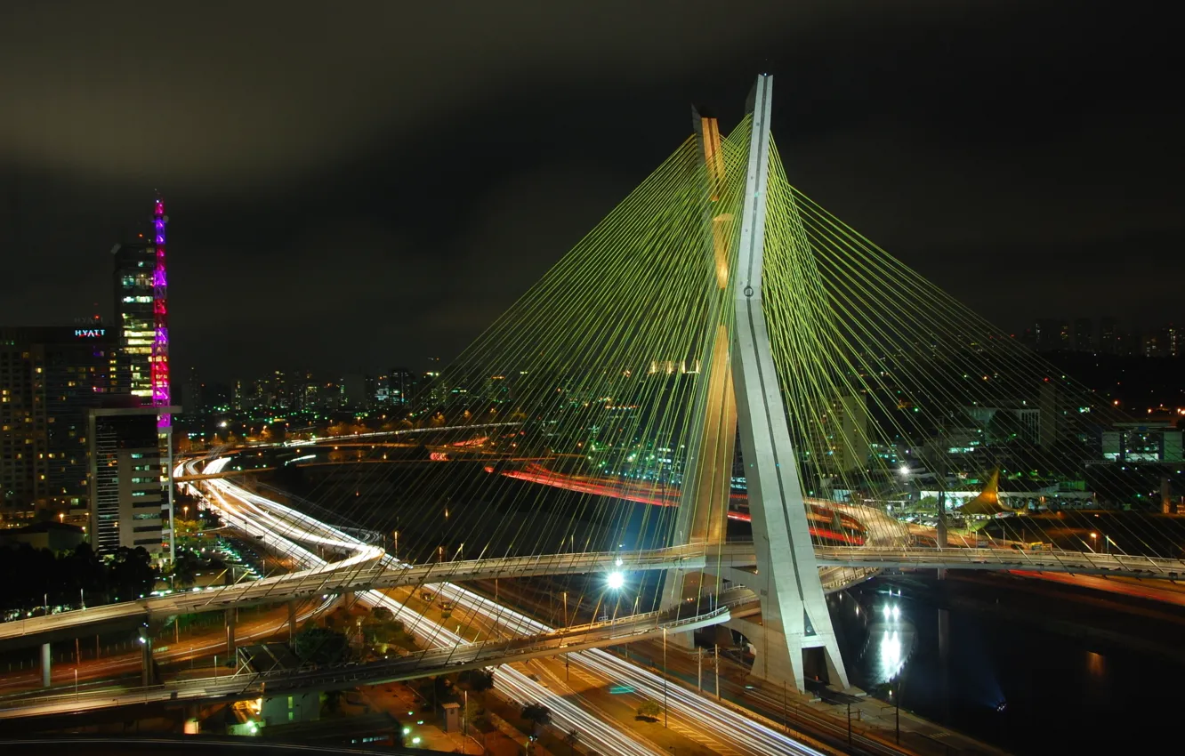 Фото обои ночь, мост, огни, река, Бразилия, набережная, автомобили, Octavio Frias de Oliveira