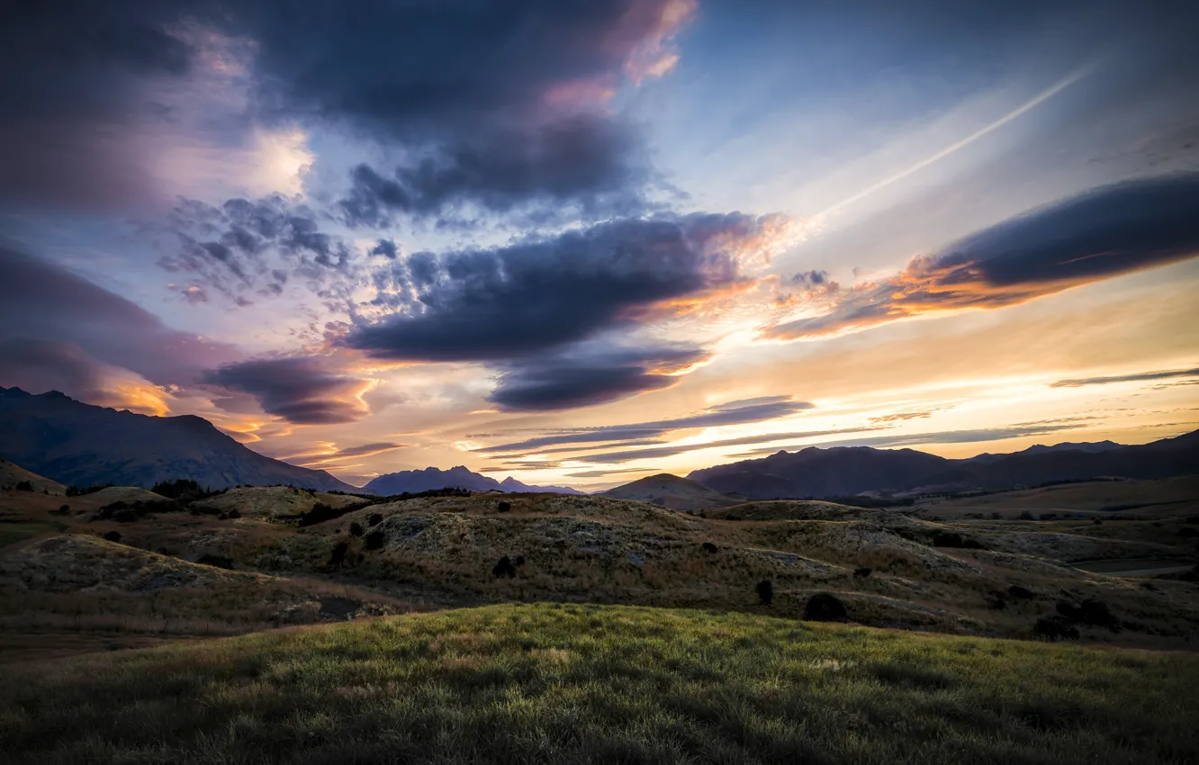 Фото обои горы, рассвет, холмы, утро, Новая Зеландия