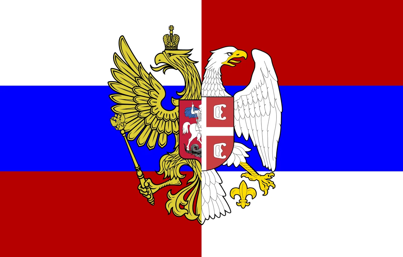 Фото обои Флаг, Триколор, Герб, Россия, Сербия, Братство, Орлы, Гербы
