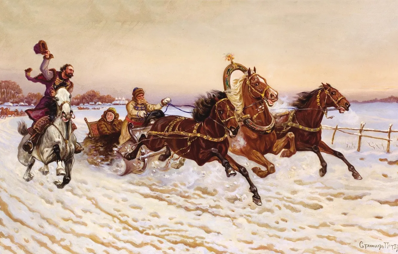 Фото обои зима, поле, белый, пейзаж, люди, конь, зимний, картина