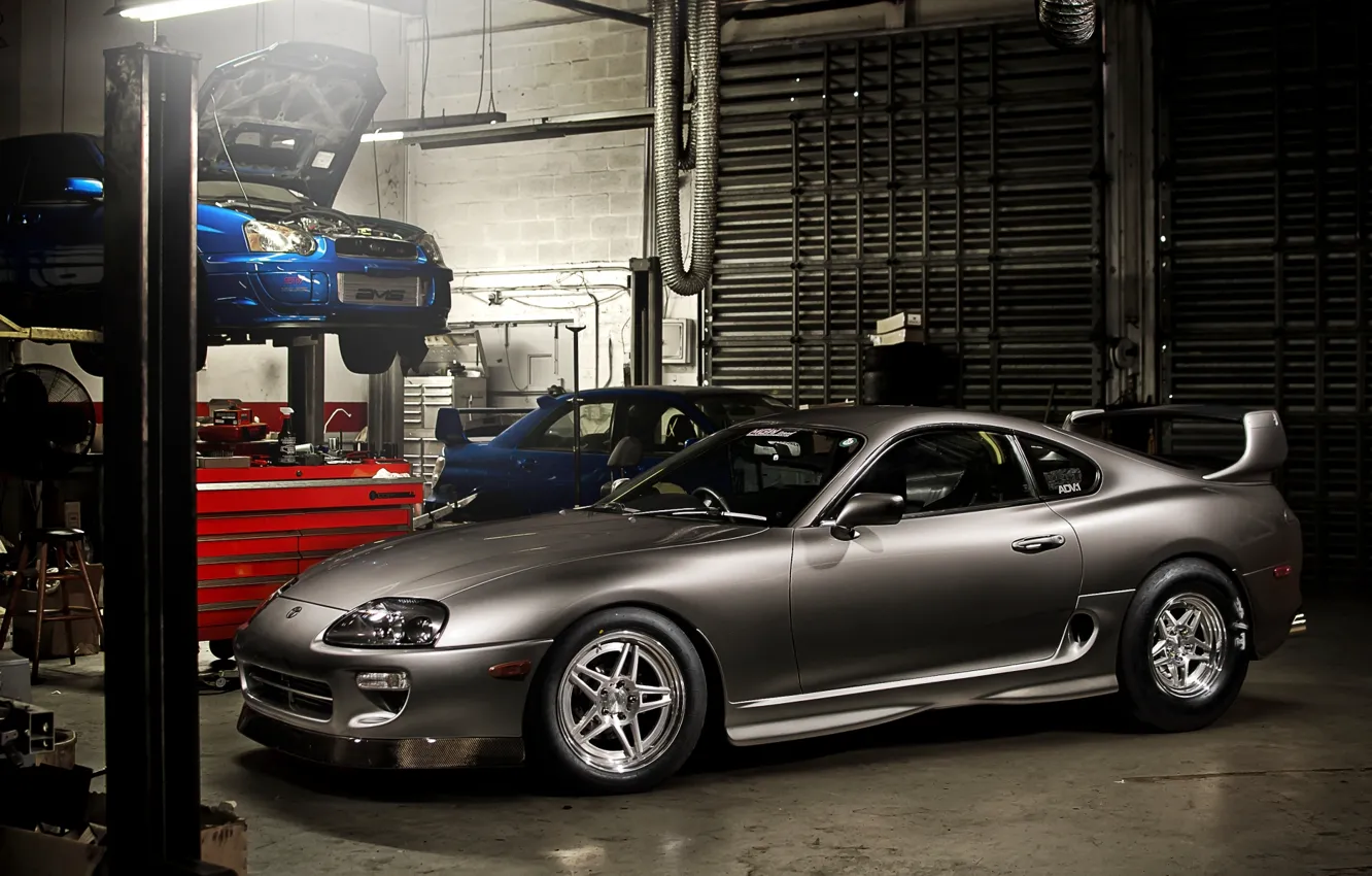 Фото обои синий, серый, тюнинг, гараж, Subaru, Impreza, WRX, спорткар