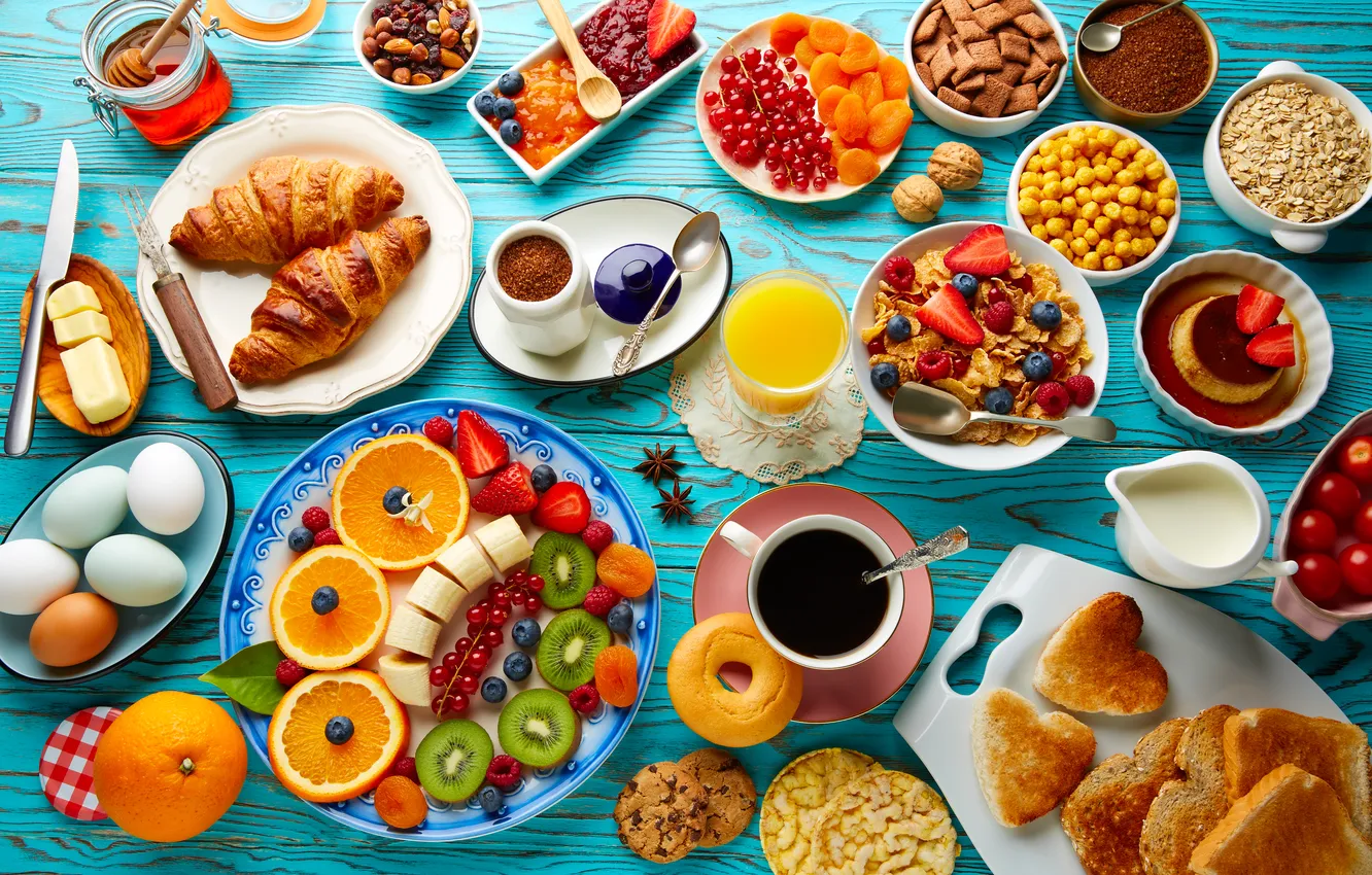 Фото обои ягоды, кофе, завтрак, фрукты, орехи, fresh, выпечка, orange
