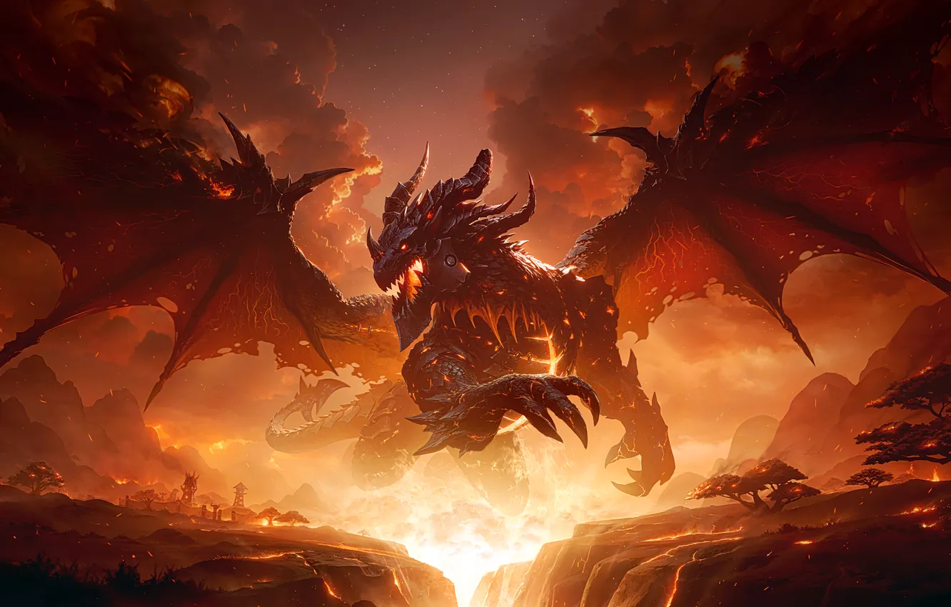 Фото обои fire, World of Warcraft, Cataclysm, dragon, Deathwing